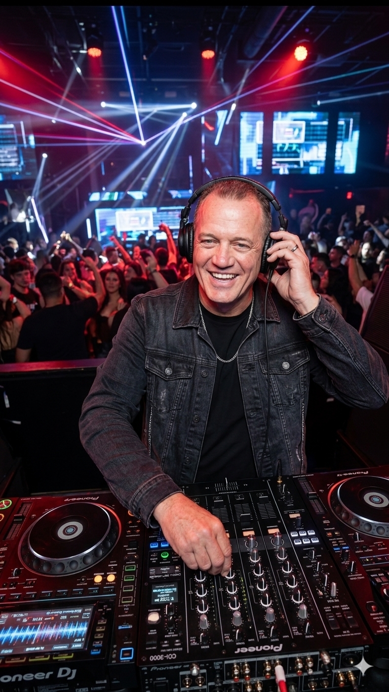 DJ smiling behind Pioneer decks in a packed nightclub