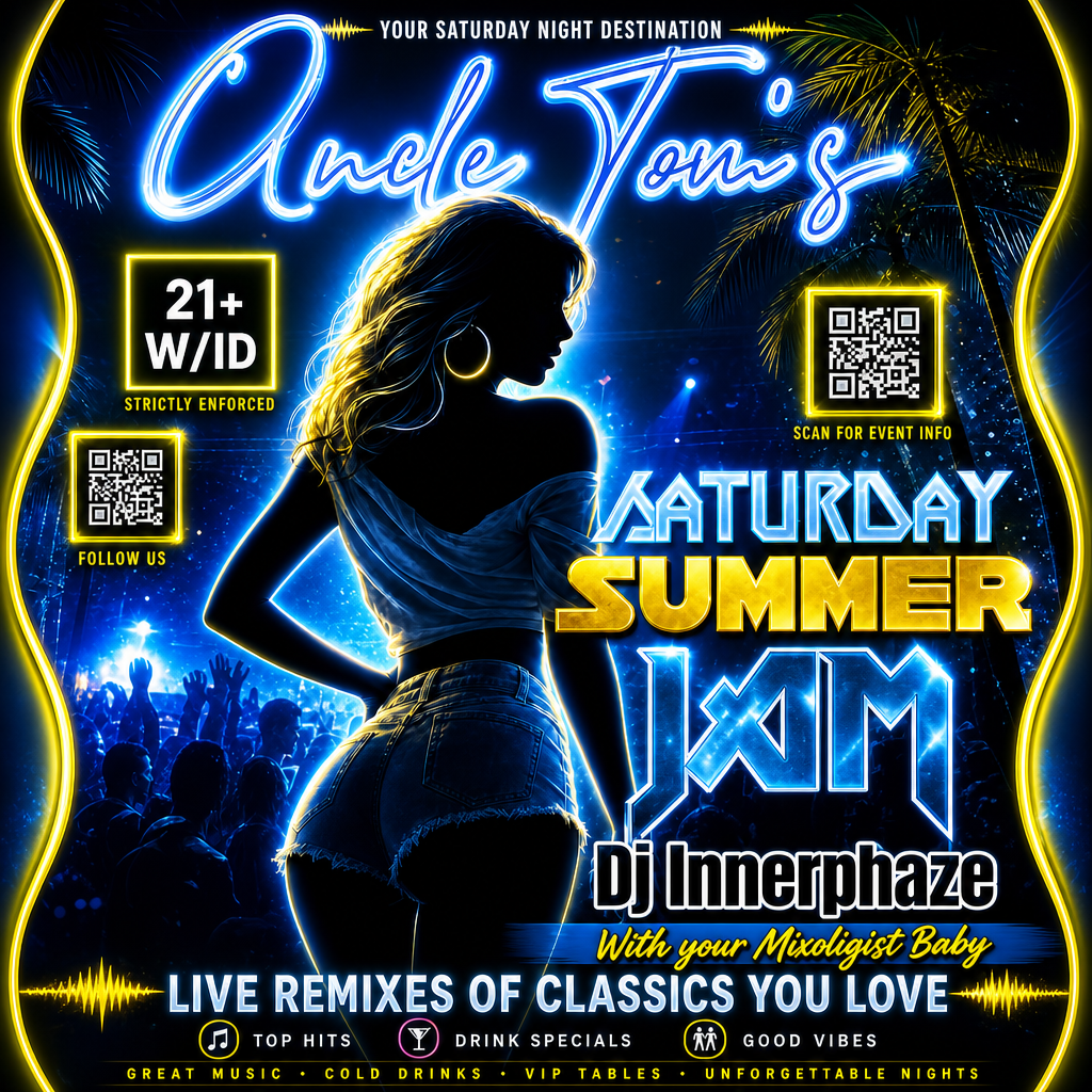 Blue and gold Saturday Summer Jam flyer featuring DJ Innerphaze at Uncle Tom's