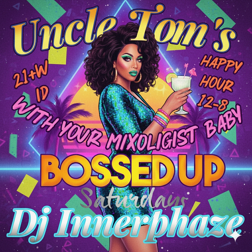 Retro Bossed Up Saturdays happy hour flyer with DJ InnerPhaze