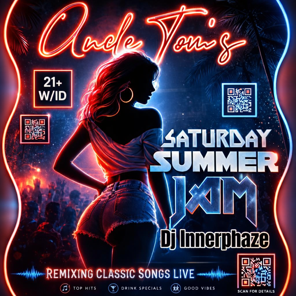 Red and blue Saturday Summer Jam flyer featuring DJ Innerphaze at Uncle Tom's